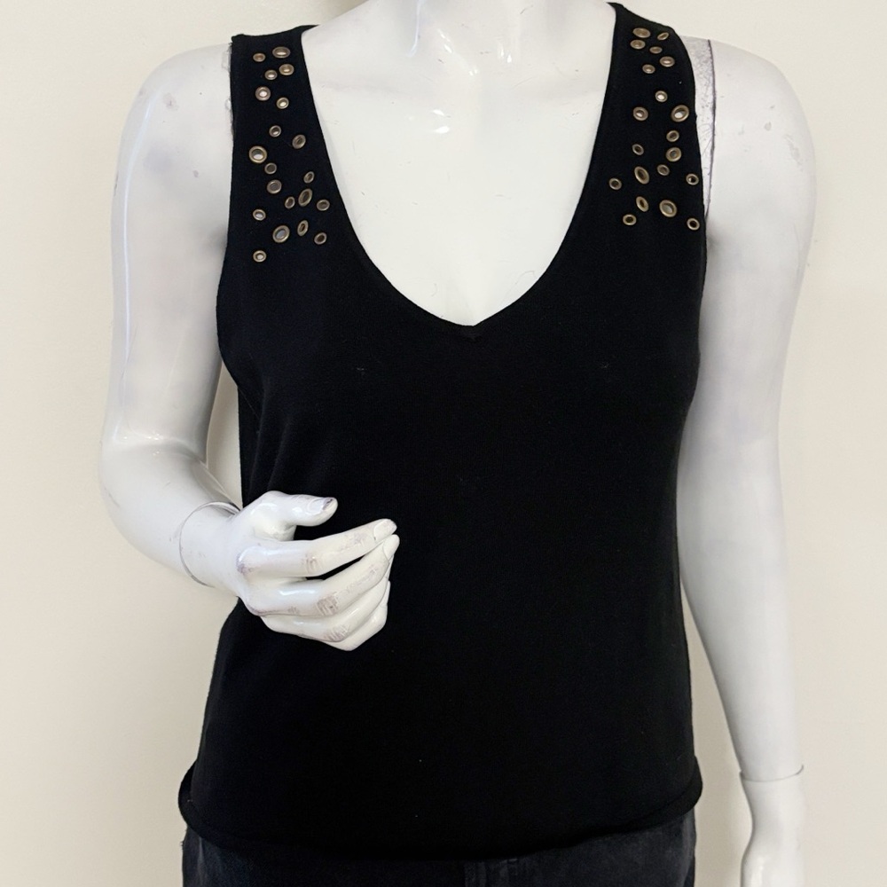 August Silk Black Silk Blend Knit V-neck Tank Top w Gold Grommet Eyelet Details